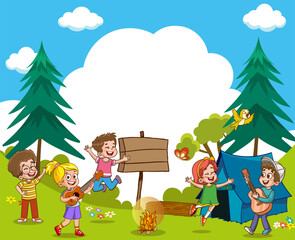 Camping theme with happy children in the forest vector illustration graphic design