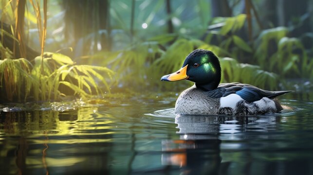 an image of a goldeneye duck in a serene forest pond