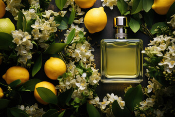 Luxury green Fragrance bottle, yellow lemon, white jasmine flowers - obrazy, fototapety, plakaty