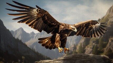 an image of a golden eagle with its wings spread wide in flight - obrazy, fototapety, plakaty