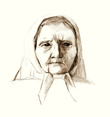 Pencil drawing. Old grandmother in a headscarf - obrazy, fototapety, plakaty