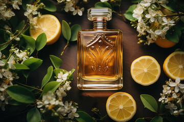 Luxury Fragrance bottle with lemon and white flowers - obrazy, fototapety, plakaty