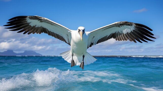 an image of a graceful booby bird in mid-air acrobatics