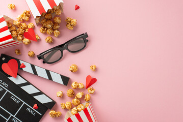 Romantic movie night top view setup with cheese and caramel popcorn, paper hearts, 3D glasses, and...