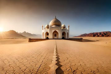 mosque at sunset,beautiful mosque in the middle of the desert without water nearby. - obrazy, fototapety, plakaty