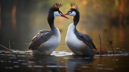an image of a grebe bird performing its intricate courtship dance