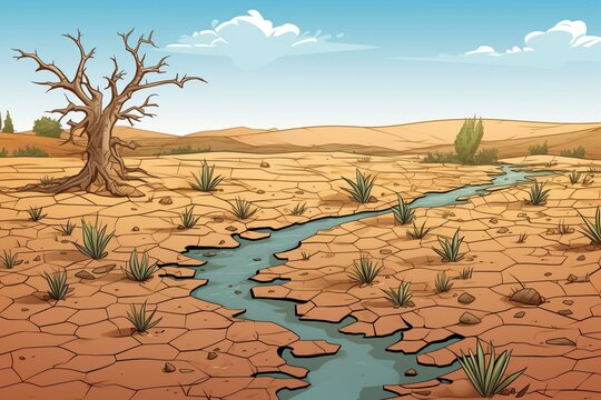 Cartoon depicting arid desert and water scarcity, highlighting future challenges due to the crisis of drinkable water shortage. Generative AI
