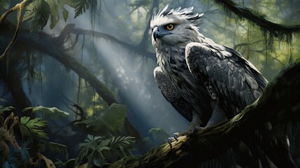 an image of a harpy eagle in a dense Amazonian canopy - obrazy, fototapety, plakaty