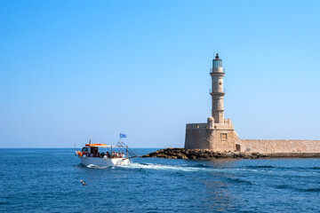Venetian harbour and lighthouse in Chania. Crete, Greece - 648243327