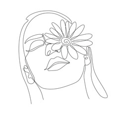 Beautiful woman face - line art. Single line minimalist vector illustration. Woman head with daisy flower - one line