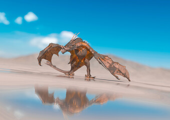 dragon on the desert after rain is looking for food