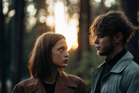 mystical couple in love in the forest, concept of crisis in relationships and karmic love.