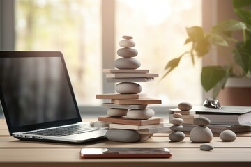 Stacked zen stones on computer, office background. 3D illustration. Generative AI