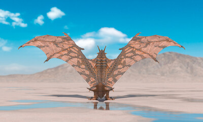 Fototapeta premium dragon is standing up and ready to attack on the desert after rain rear view