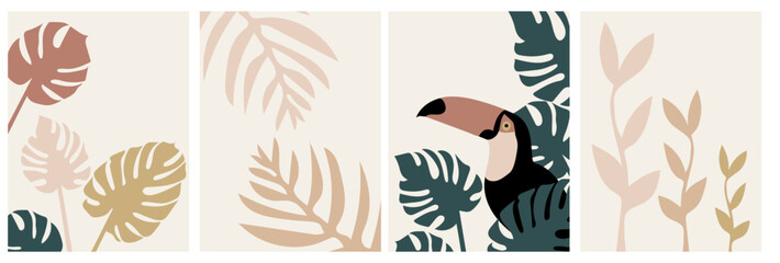 Vector simple modern collection in boho style: silhouettes of palm leaves and monstera and toucan bird on color beige background