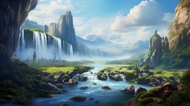 an image of a majestic waterfall surrounded by vibrant, untouched wilderness