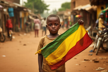 Un garçon malien  tenant le drapeau du Mali dans les rues de Bamako - obrazy, fototapety, plakaty