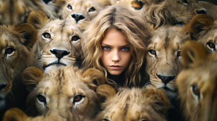 Lioness, Beautiful feral young woman standing between lions being the odd one out from the group - obrazy, fototapety, plakaty