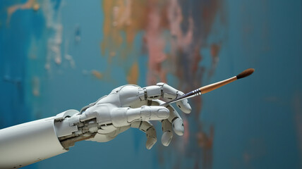 robotic hand with paintbrush painting picture with oil, robot fingers holding brush and draw art, artificial intelligence concept, generative AI