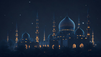 Mosque at night. Mosque building in magic moon light. Ramadan kareem wallpaper. Mosque illustration. (Productive AI)