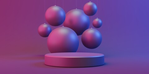 3d render podium platform grey background with pink and blue lights and grey balls