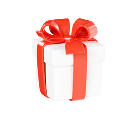 White closed gift box with red ribbon and bow 3d render illustration