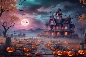 Fototapeta na wymiar Pastel Halloween Landscape Background, Halloween Background, Halloween Landscape Background, AI Generative