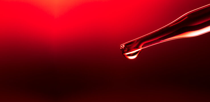 Macro science experiment pipette surface, top macro view of chemical droplet injecting oil into clear liquid in one of three petri dishes on red background. Abstract skincare cosmetics concept.