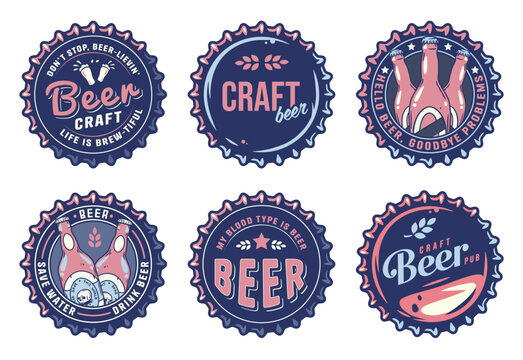Beer cap vector set for design of brew beer in a brewery. Collection of metal corks for logo of craft brewing. Vintage old retro designs with beer cap for pub and bar
