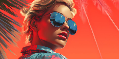 Retro Active Summer: Illustration of a Woman in Vibrant Retro Styler Colors