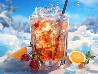 Cold iced winter drink in glass on snowy ground, winter drink ,Generative Ai 