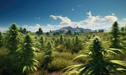 Cannabis hemp plants being grown in a field. Marijuana crop farming. Generative ai