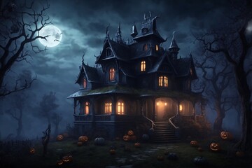 Fototapeta na wymiar Halloween Haunted House, Halloween Background, Halloween Wallpaper, Haunted House, AI Generative