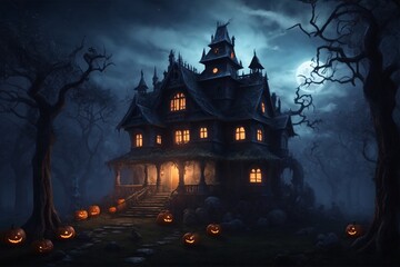 Fototapeta na wymiar Halloween Haunted House, Halloween Background, Halloween Wallpaper, Haunted House, AI Generative