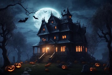 Halloween Haunted House, Halloween Background, Halloween Wallpaper, Haunted House, AI Generative