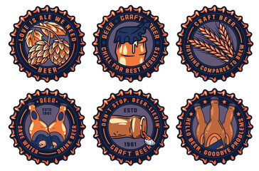 Beer cap vector set for design of brew beer in a brewery. Collection of metal corks for logo of craft brewing. Vintage old retro designs with beer cap for pub and bar