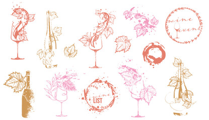 Collection of wine elements - Wine designs. Sketch vector illustration. Hand drawn elements for invitation cards, advertising banner and menu cards. Colorful wine glasses with splashing wine.