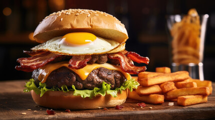 Close-up of a juicy burger with beef patty, egg and bacon served in a restaurant with fries. American food. Delicious fast food.