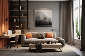 Modern stylish room with workspace, sofa, lamp. Generative AI