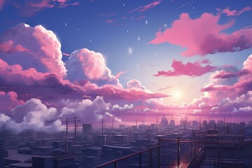 Pink sky with clouds and anime aesthetics. Generative AI