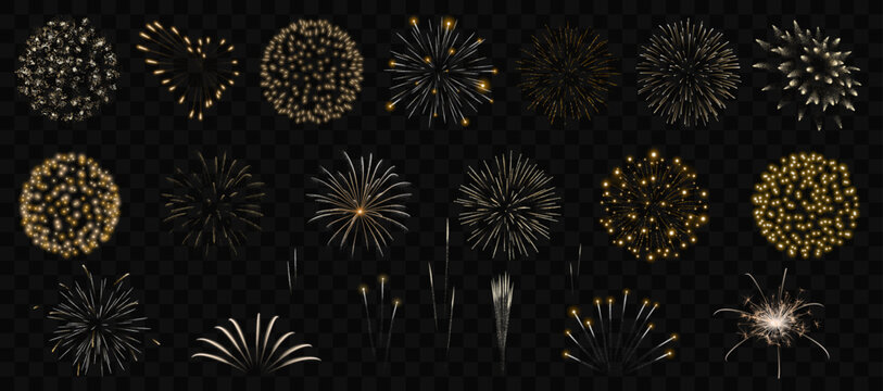 Gold fireworks vector set. Collection of realistic golden fireworks isolated.