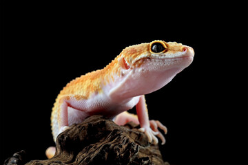 Leopard gecko lizard on wood with black background, eublepharis macularius