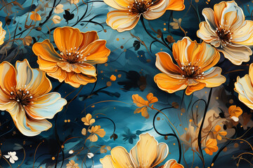 colorful wild flowers image with flowers watercolor wallpapers, in the style of dark turquoise and light amber, swirling , Airbrush