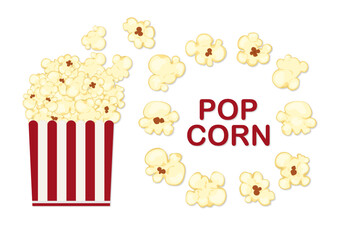Vector illustration of popcorn splashing out of a red and white cardboard box, cartoon style, isolated on a white background for film, cinema, food, theater, and design.