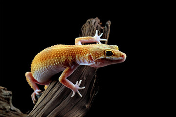 Leopard gecko lizard on wood with black background, eublepharis macularius