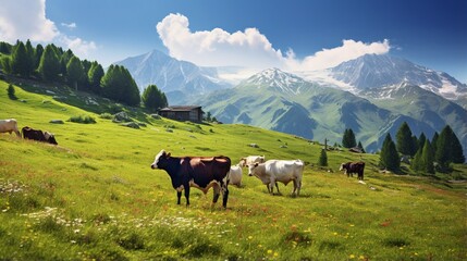 Fototapeta na wymiar an image of a peaceful mountain pasture with grazing cattle and wildflowers