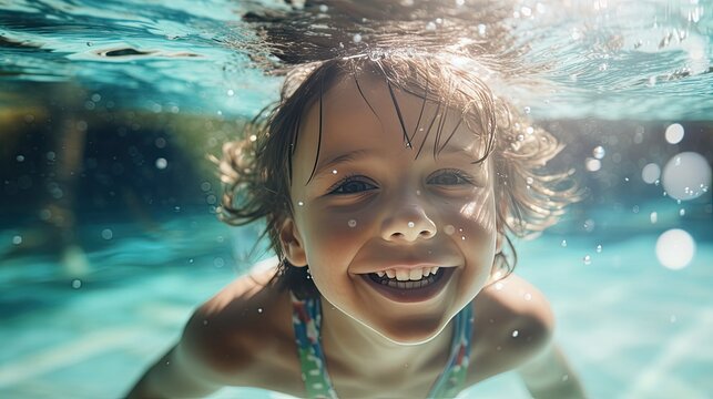 Cute smiling boy having fun swimming and diving in the pool at the resort on summer vacation. Sun shines under water and sparkling water reflection. Activities and sports to happy kid..