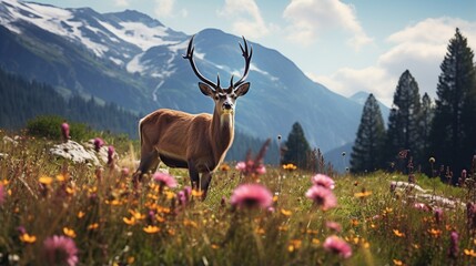 an image of a peaceful alpine meadow with colorful wildflowers and grazing deer - obrazy, fototapety, plakaty