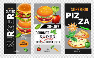 Creative fast food and restaurant roll up banner template, Delicious burger and food menu Instagram and Facebook story template