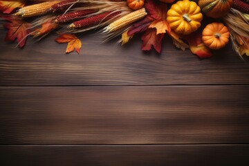 autumnal still life with corns, pumpkins and leaves on wooden table, background with copy space, ideal for Thanksgiving